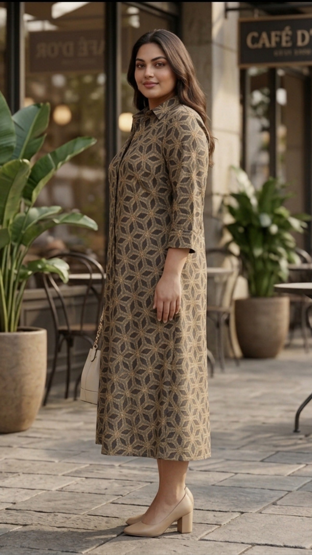 Plus Size Cotton Printed Midi Dress for Women | Brown Geometric A-Line Dress
