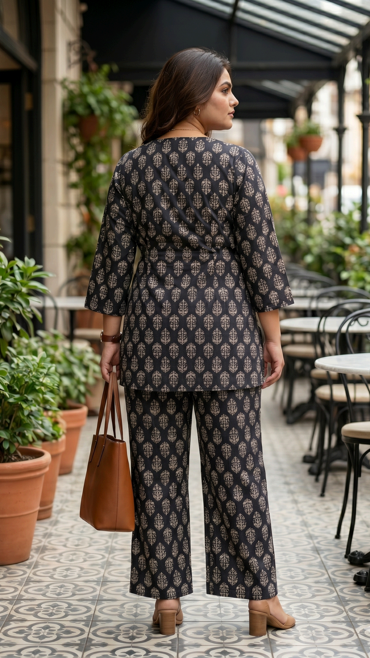 Plus Size Black Cotton Printed Cord Set for Women | Wrap Style Top & Wide Leg Pants