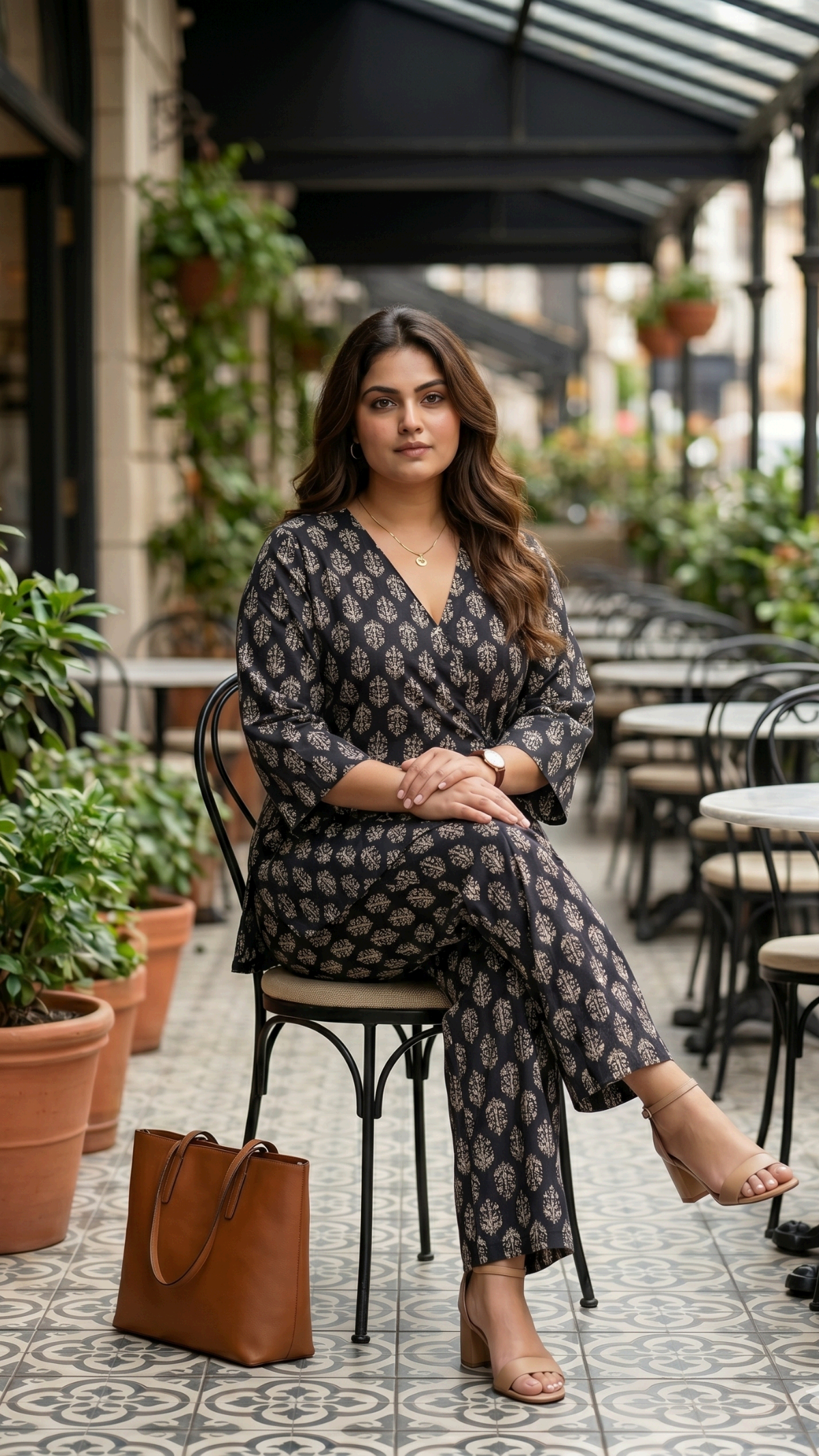 Plus Size Black Cotton Printed Cord Set for Women | Wrap Style Top & Wide Leg Pants