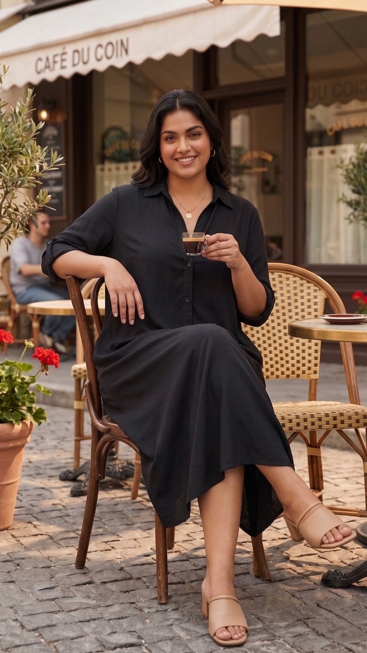 Plus Size Black Cotton Linen Midi Dress β Relaxed Fit Shirt Dress for Women