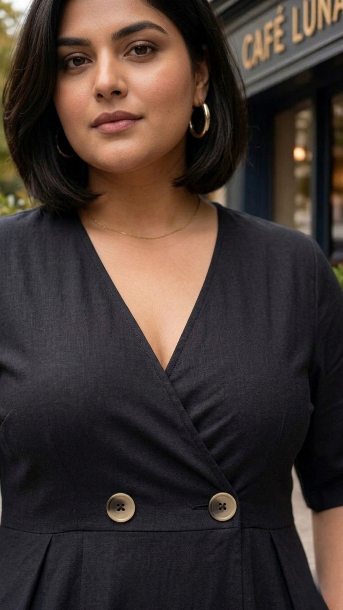 Plus Size Black Cotton Wrap Dress β Elegant A-Line Midi Dress for Women