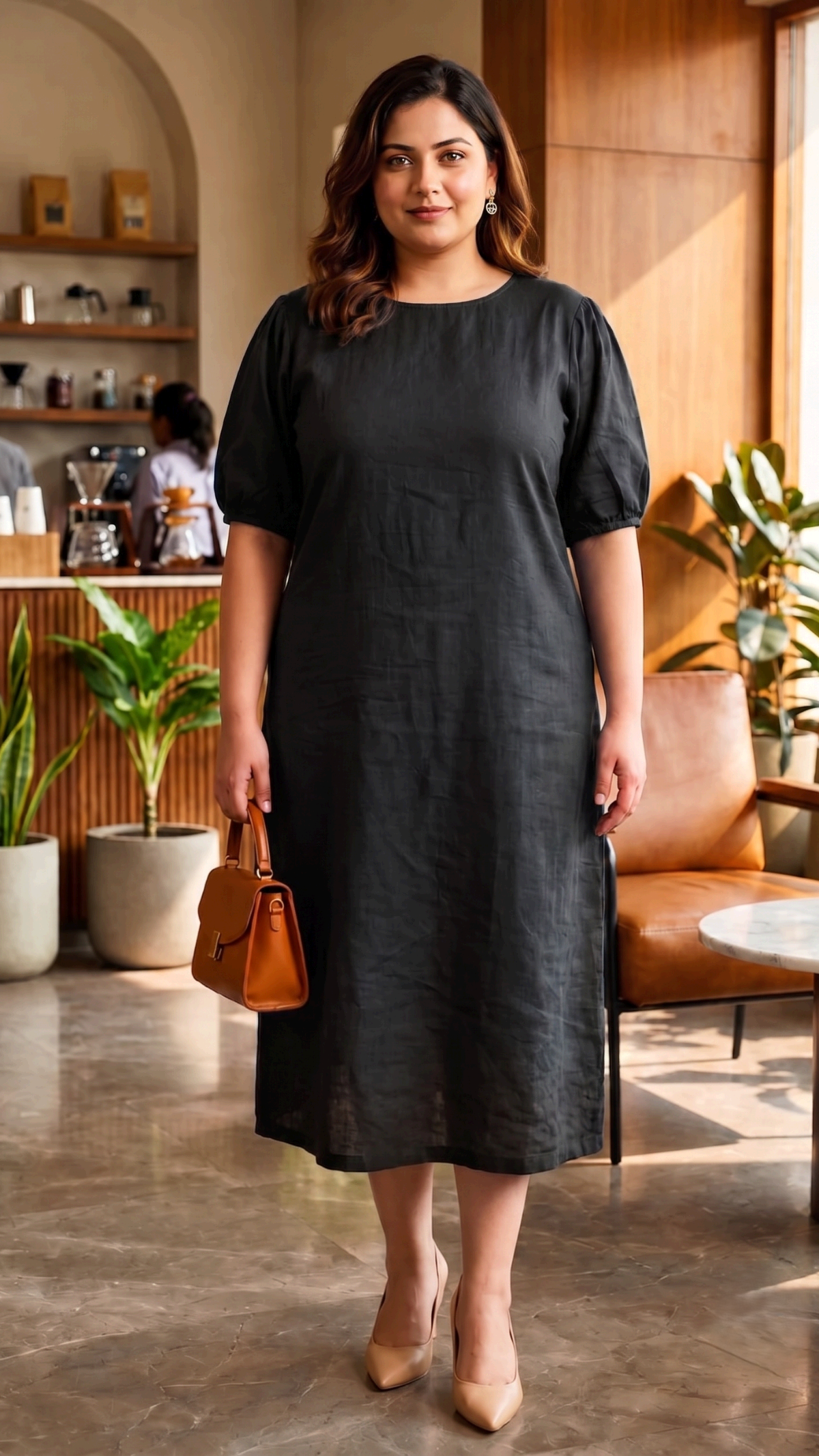 Plus Size Solid Black Cotton Linen Midi Dress for Women | Round Neck Puff Sleeve Dress