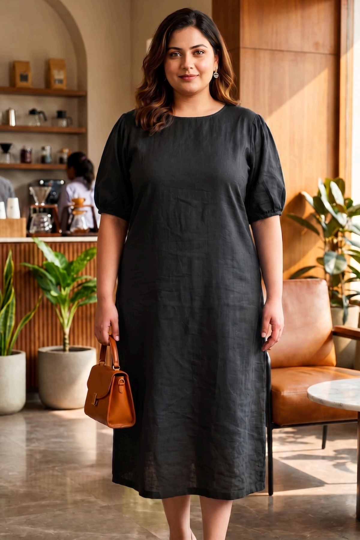 Plus Size Solid Black Cotton Linen Midi Dress for Women | Round Neck Puff Sleeve Dress