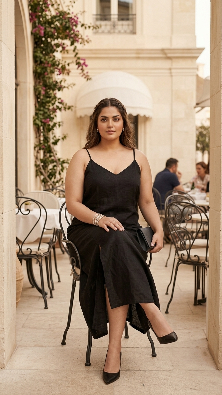 Plus Size Linen Cotton Dress – Black Strappy Midi Dress