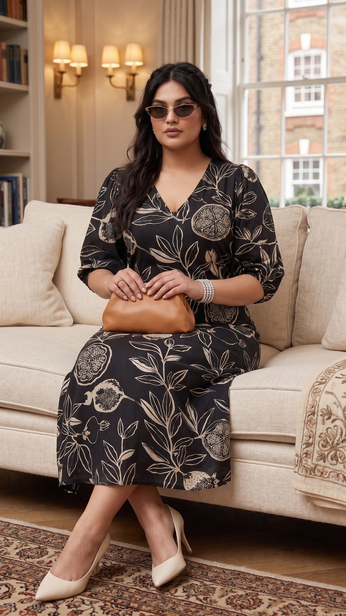Plus Size Cotton Floral Dress – Black Printed Midi Dress