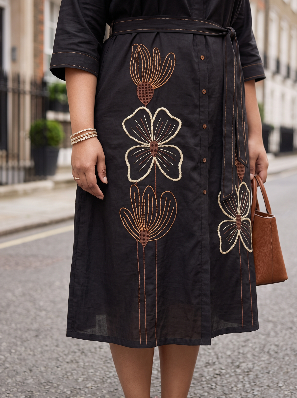 Plus Size Black Cotton Shirt Dress with Floral Embroidery
