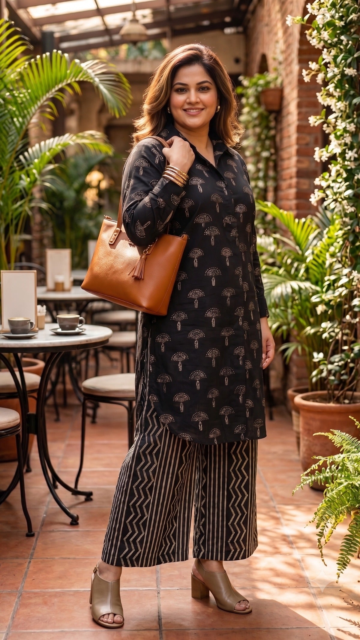 Plus Size Black Cotton Kurta Set for Women | Printed Straight Kurta with Palazzo