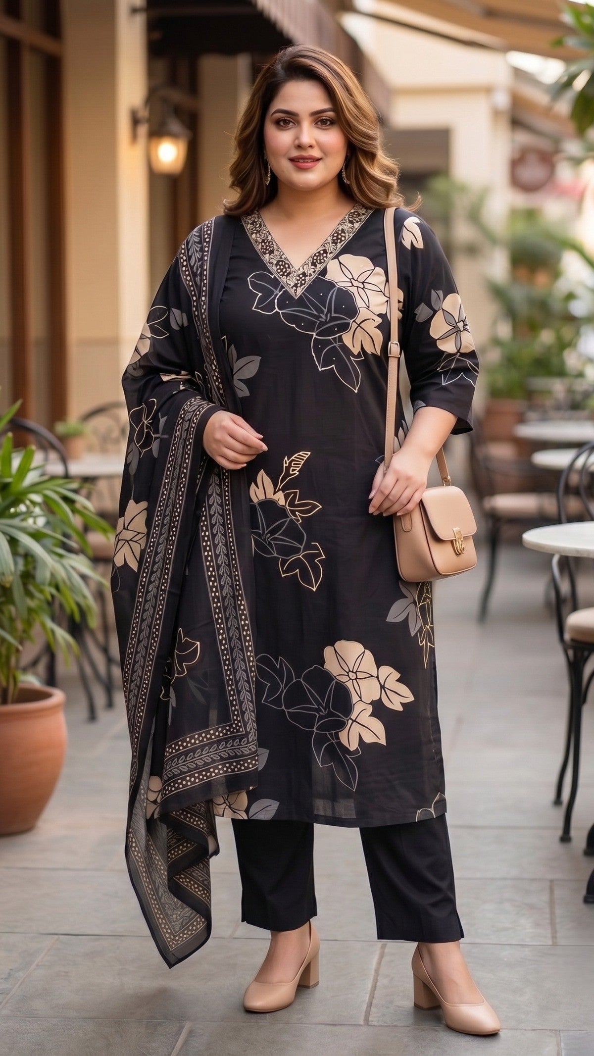 Plus Size Black Floral Print Cotton Kurta Set with Dupatta