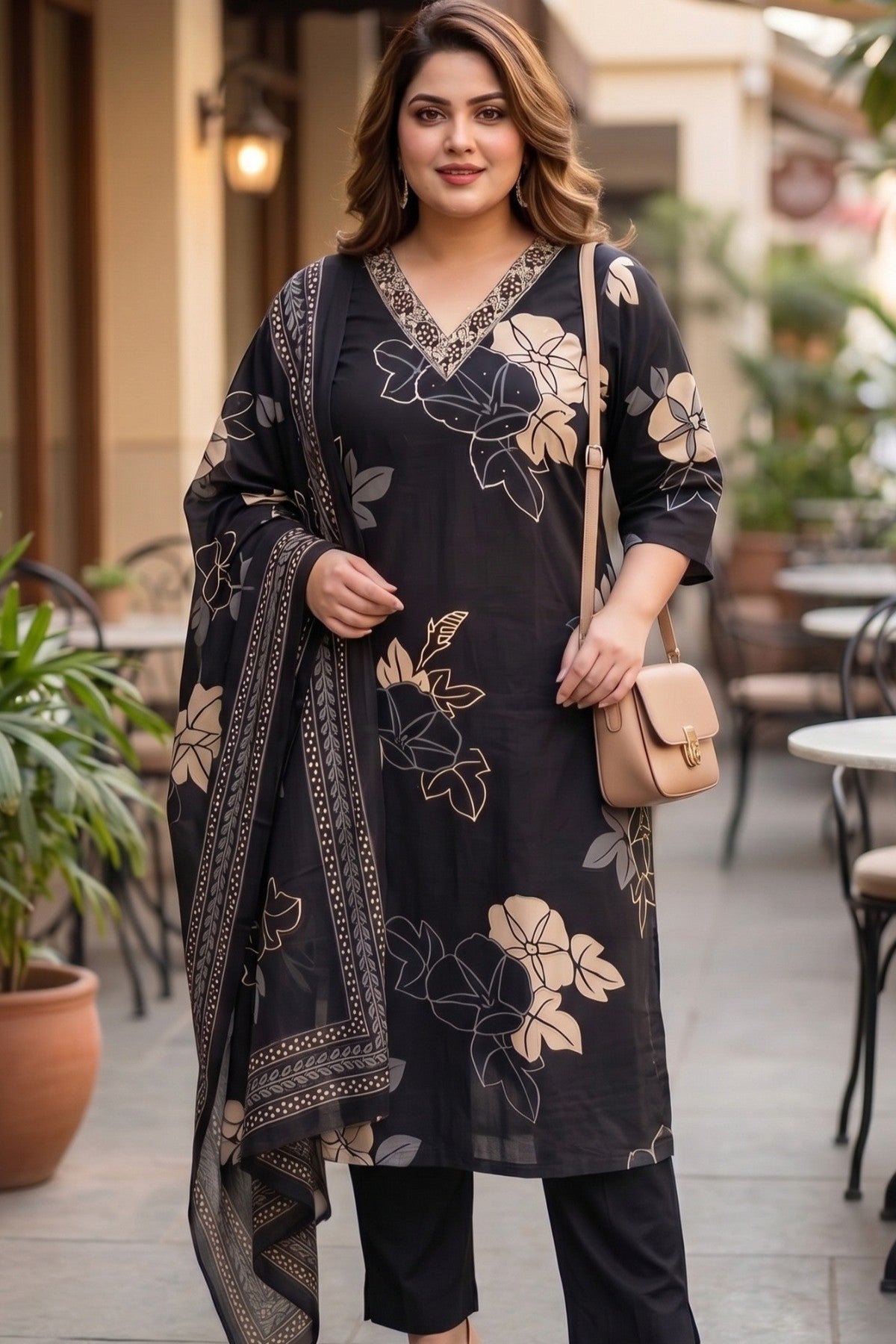 Plus Size Black Floral Print Cotton Kurta Set with Dupatta