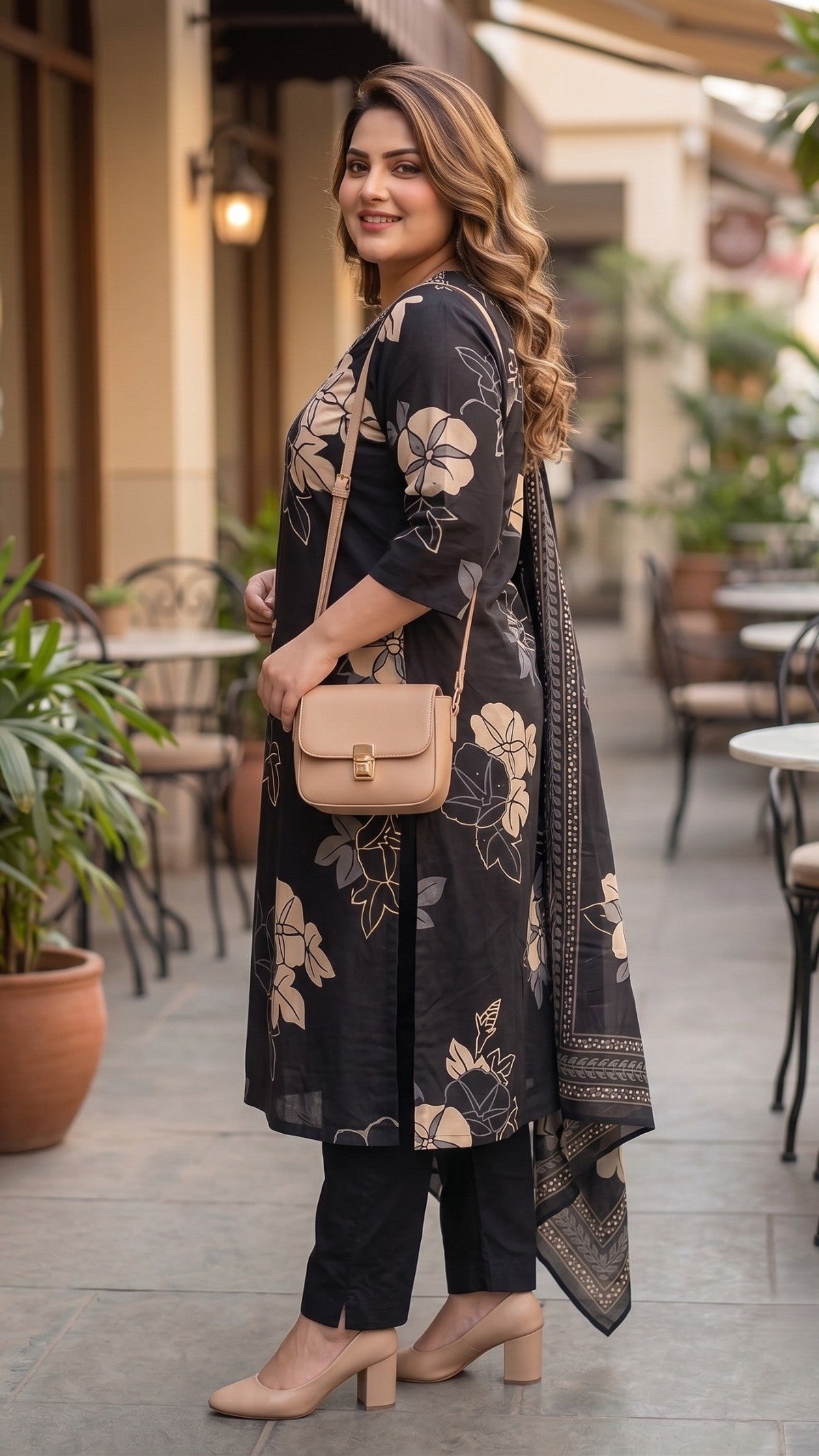 Plus Size Black Floral Print Cotton Kurta Set with Dupatta
