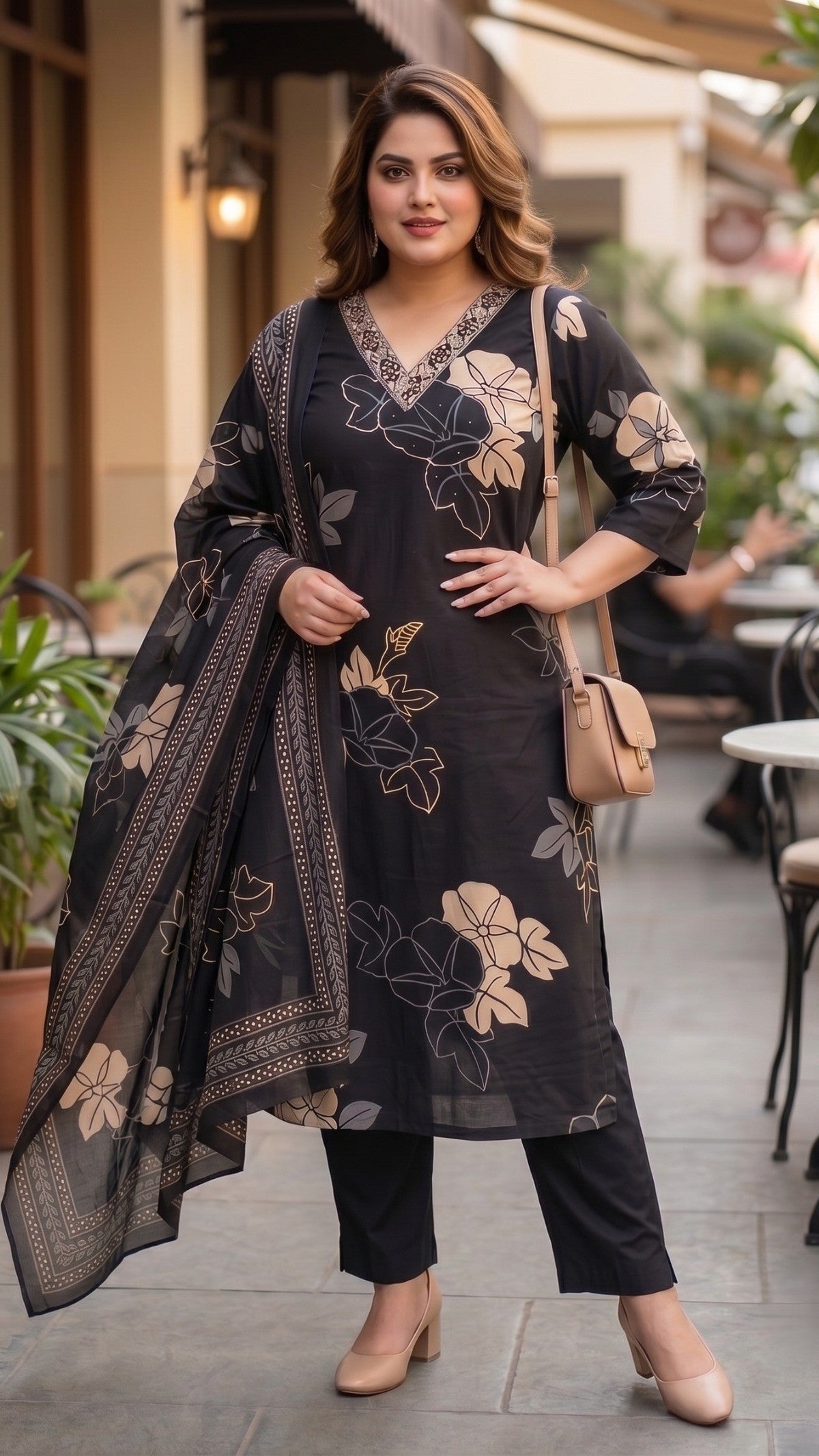 Plus Size Black Floral Print Cotton Kurta Set with Dupatta