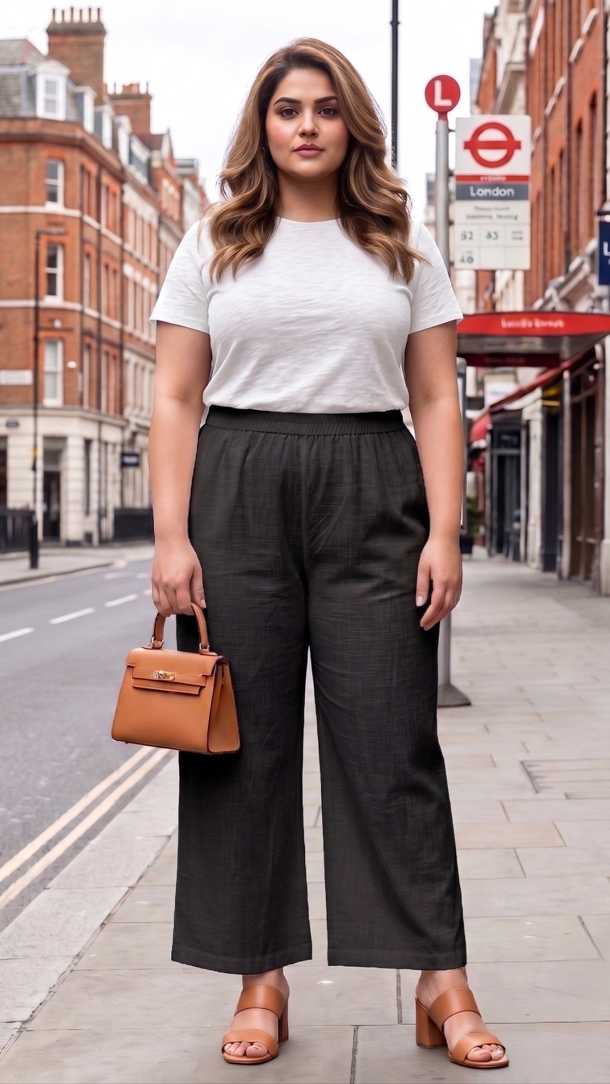 Plus Size Black Cotton Slub Trouser for Women | Straight Fit Elastic Waist Palazzo Pants