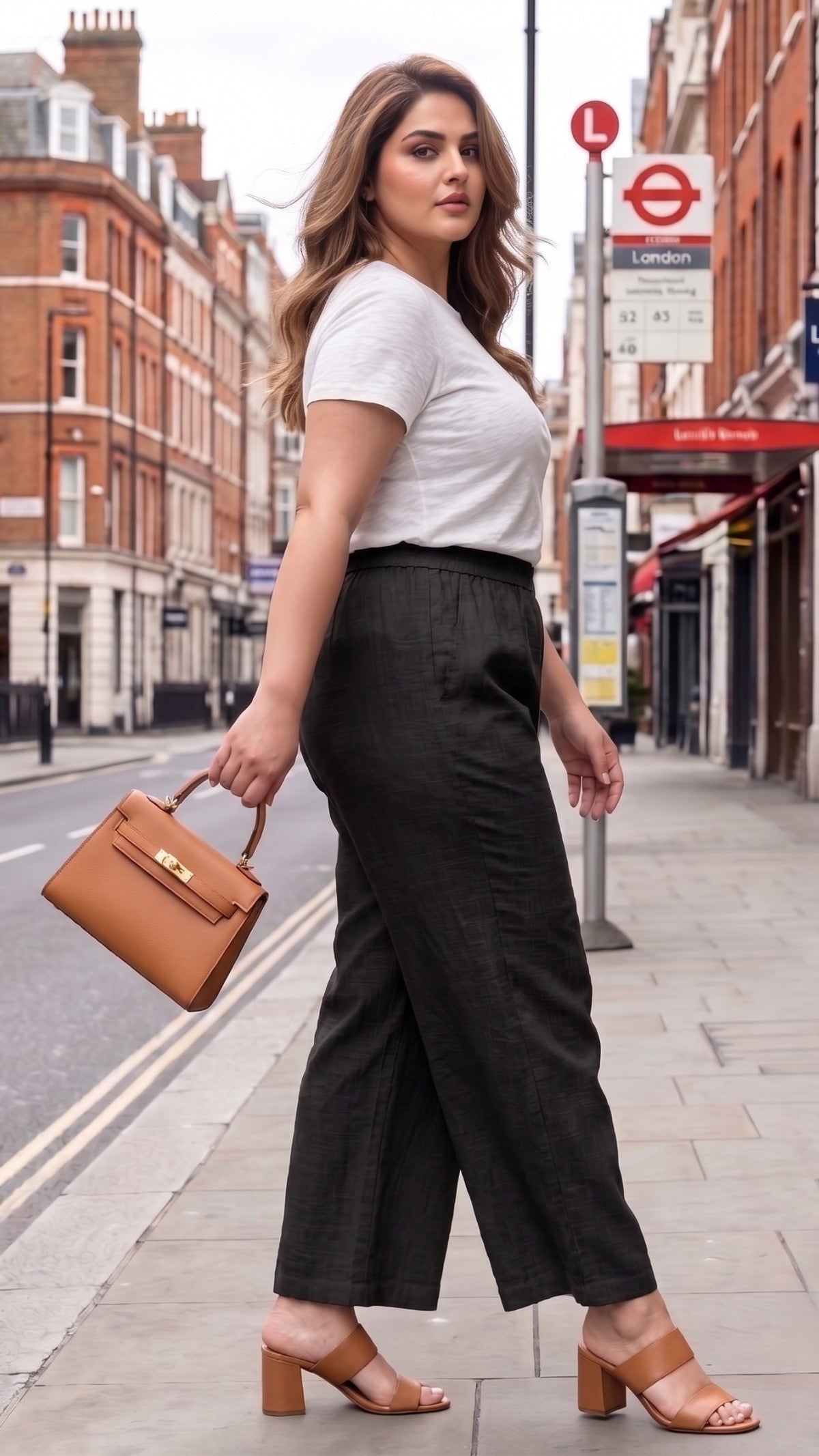 Plus Size Black Cotton Slub Trouser for Women | Straight Fit Elastic Waist Palazzo Pants