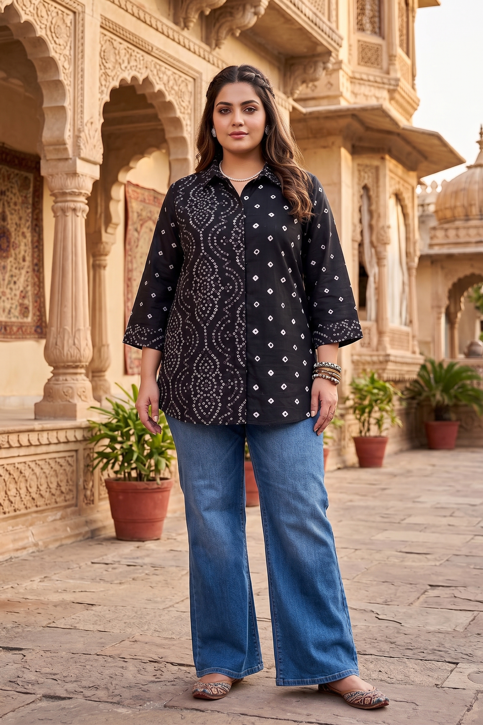 Plus Size Black Bandhani Printed Cotton Shirt for Women | Collared Button-Down Casual Shirt