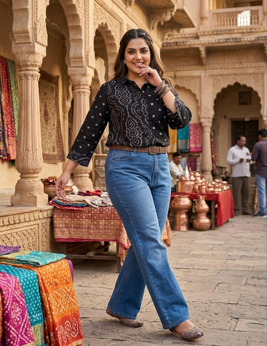 Plus Size Black Bandhani Printed Cotton Shirt for Women | Collared Button-Down Casual Shirt