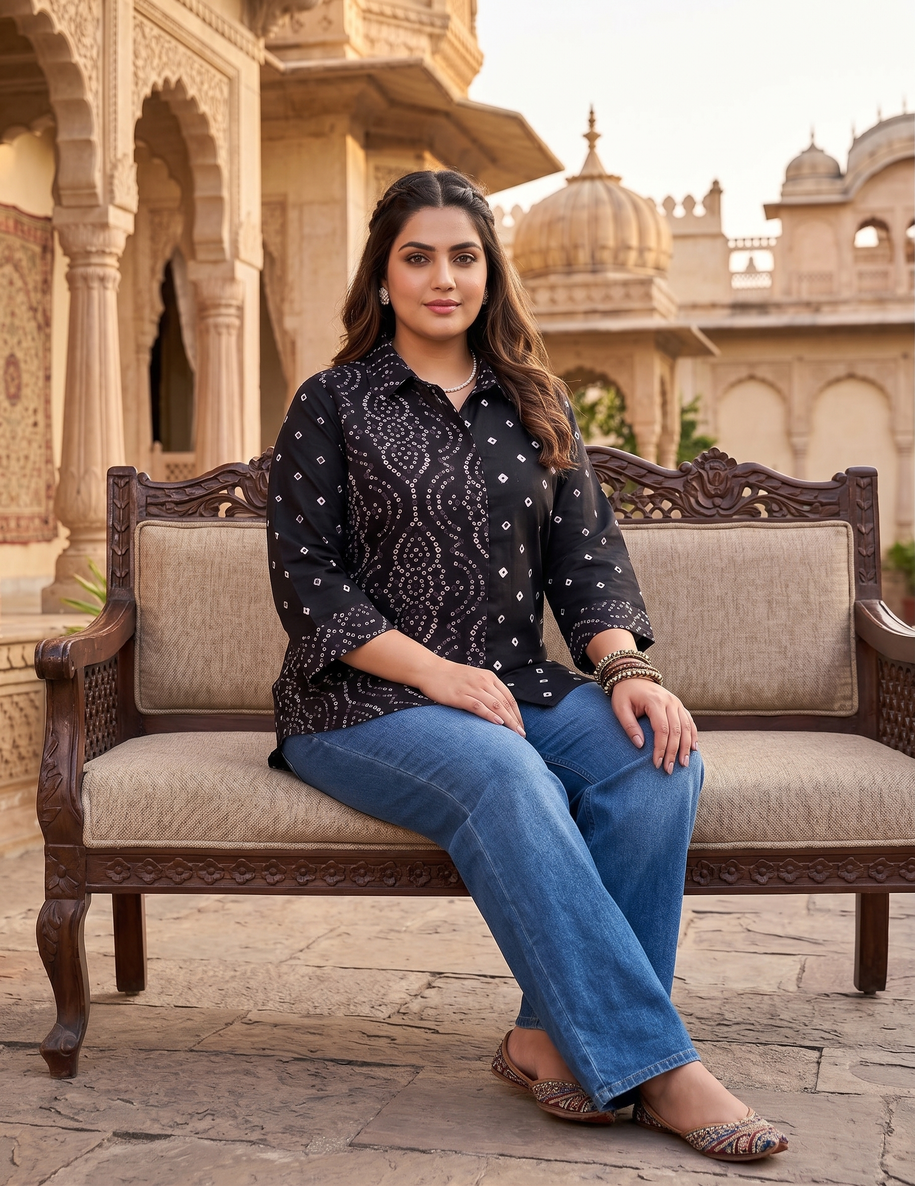 Plus Size Black Bandhani Printed Cotton Shirt for Women | Collared Button-Down Casual Shirt