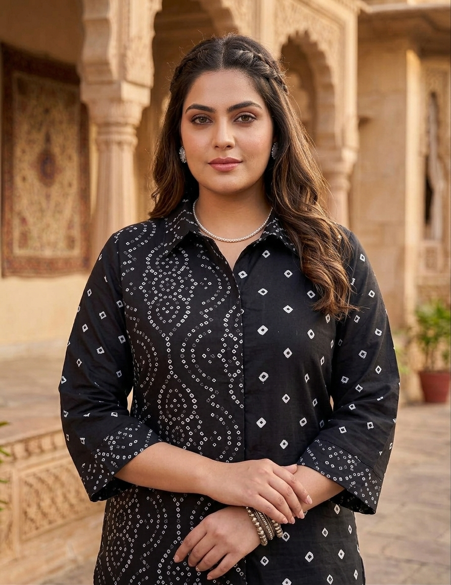 Plus Size Black Bandhani Printed Cotton Shirt for Women | Collared Button-Down Casual Shirt