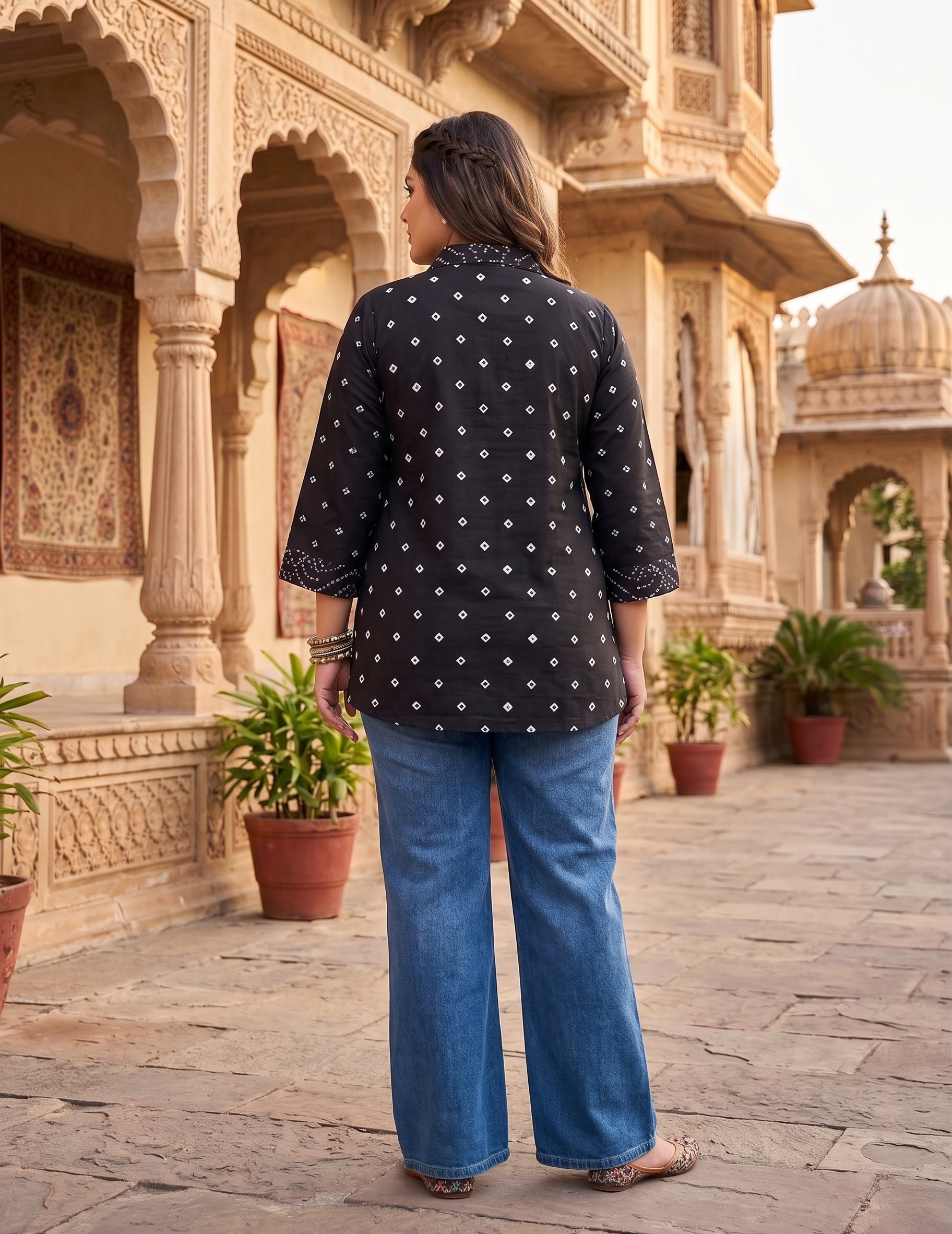 Plus Size Black Bandhani Printed Cotton Shirt for Women | Collared Button-Down Casual Shirt