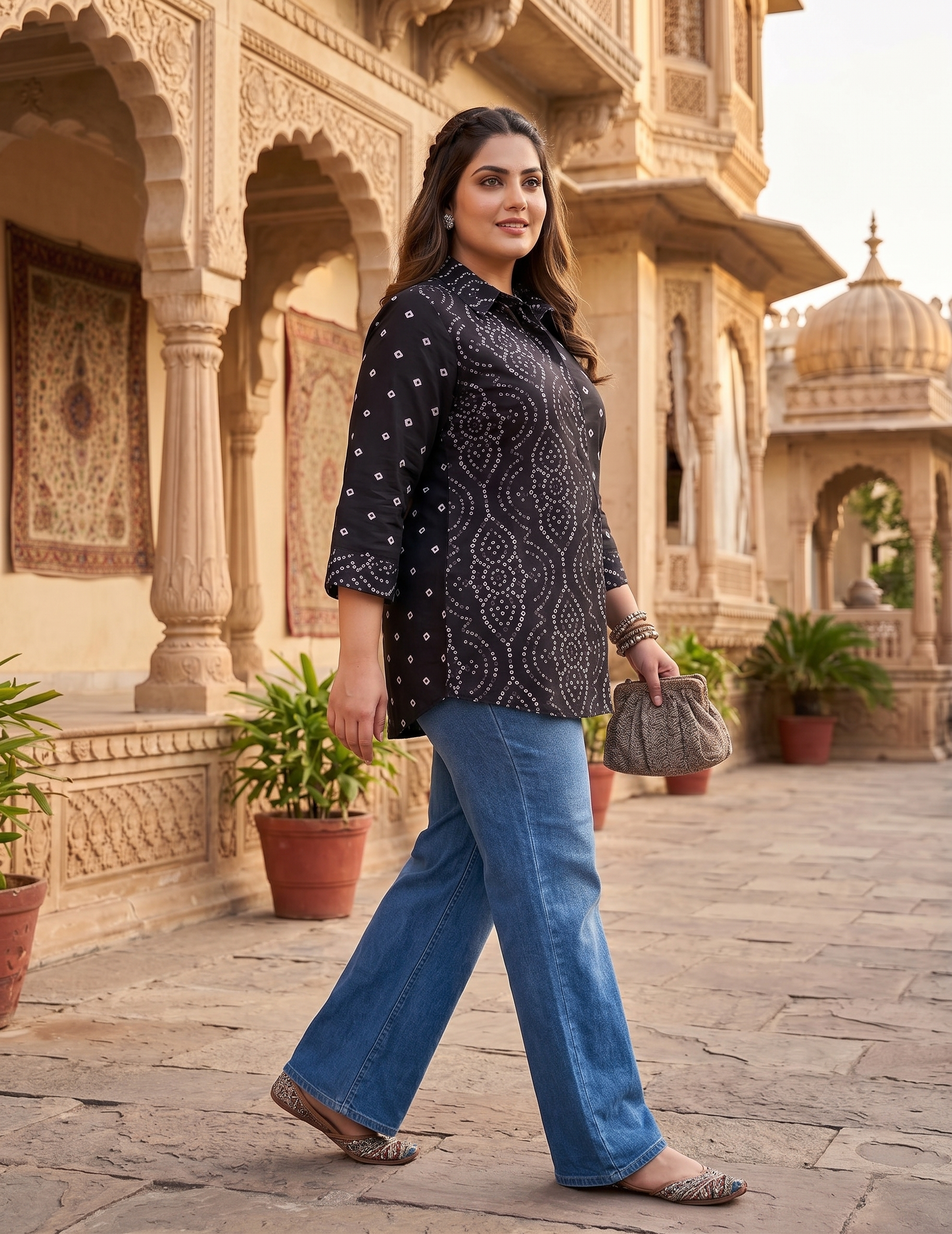 Plus Size Black Bandhani Printed Cotton Shirt for Women | Collared Button-Down Casual Shirt
