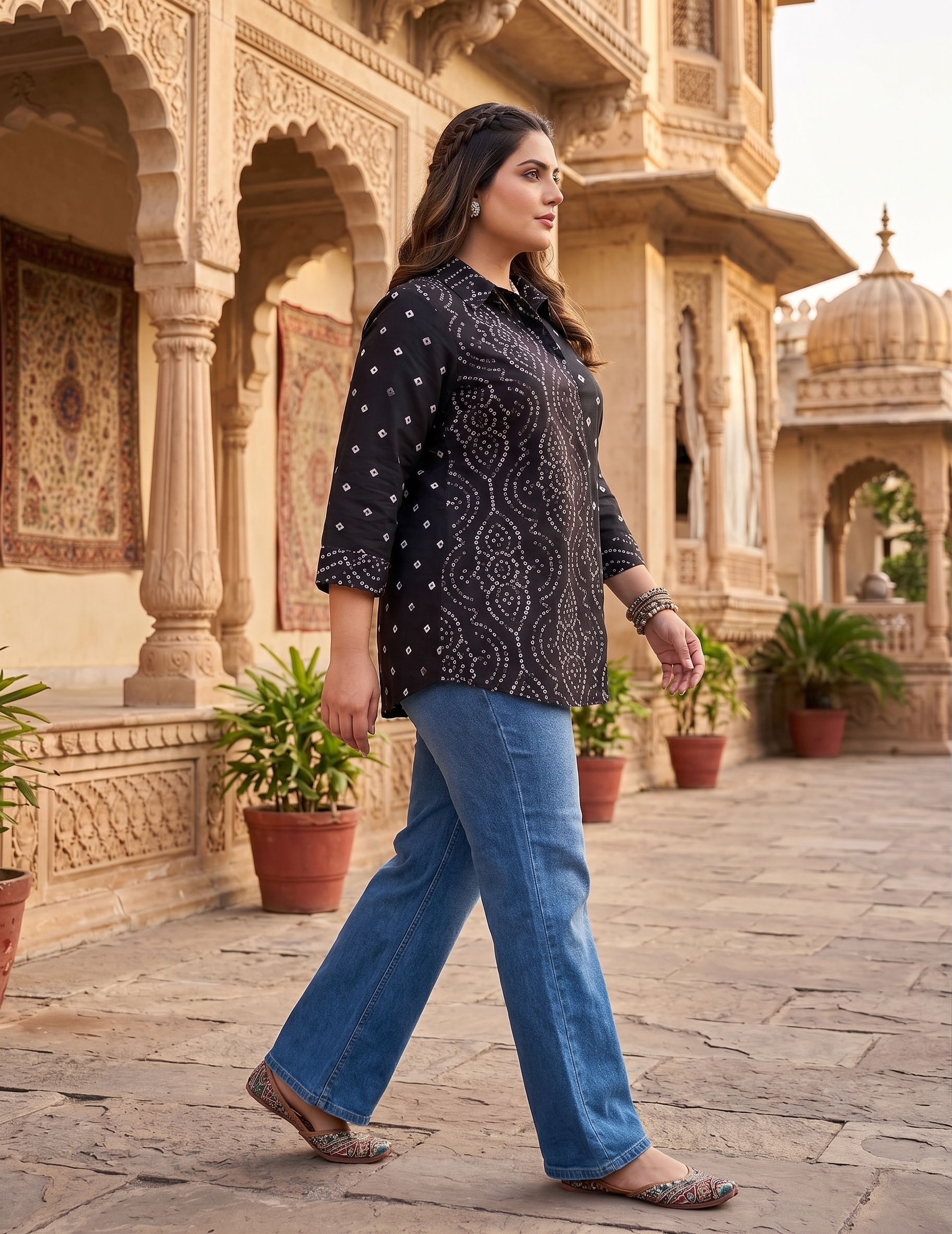Plus Size Black Bandhani Printed Cotton Shirt for Women | Collared Button-Down Casual Shirt