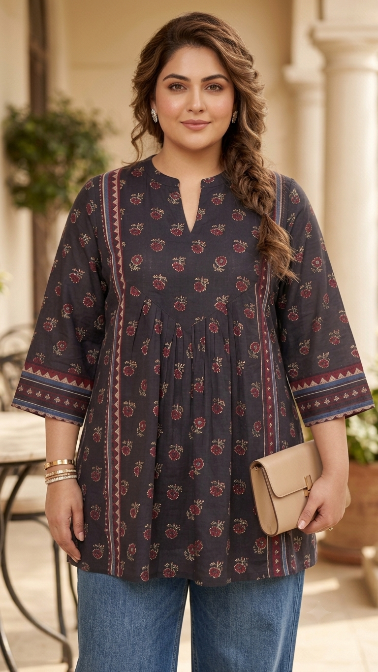 Plus Size Cotton Printed Top Tunic – Black Floral Flared Tunic
