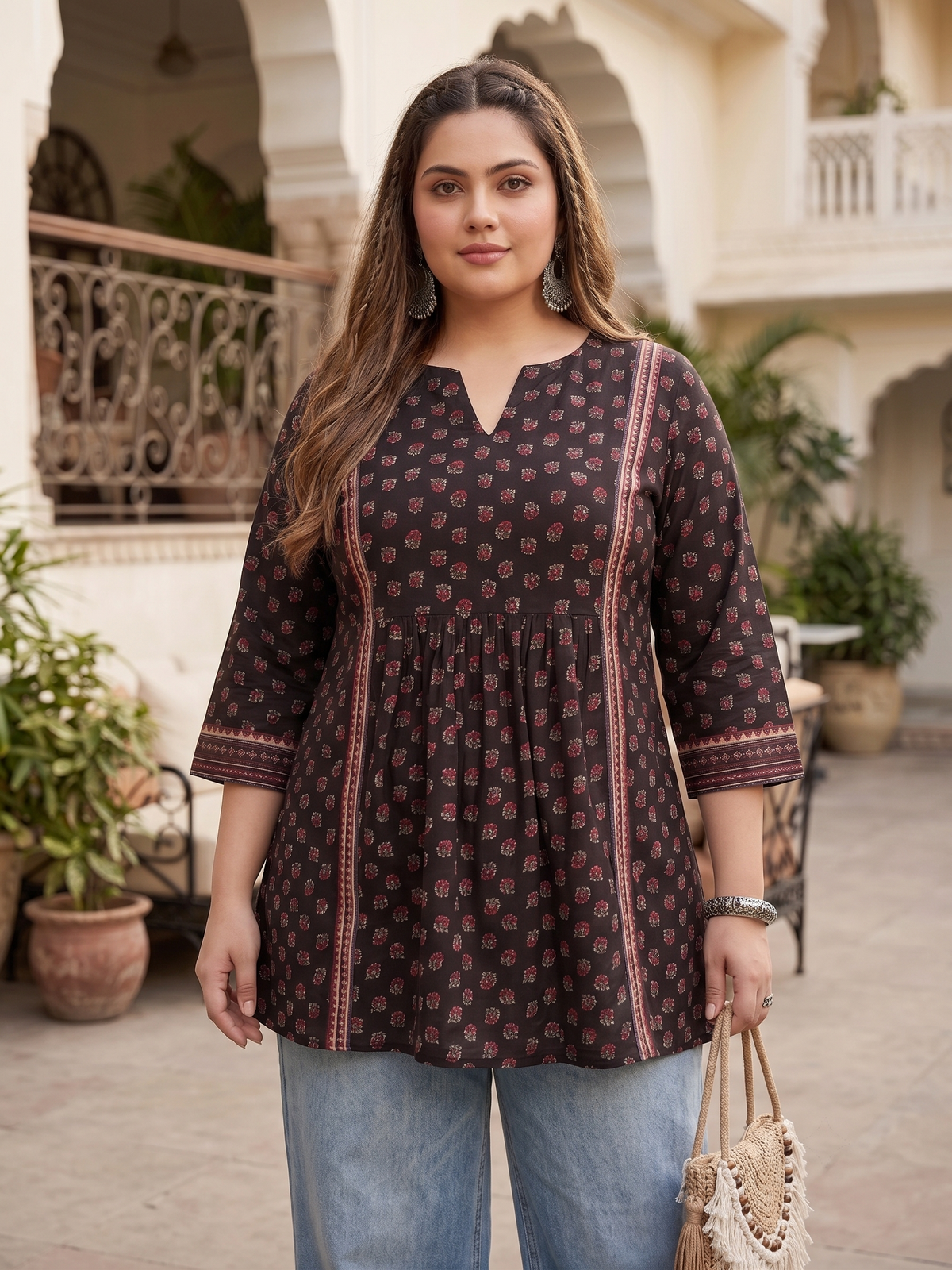 Plus Size 100% Cotton Printed Top Tunic – Black Floral Flared Tunic