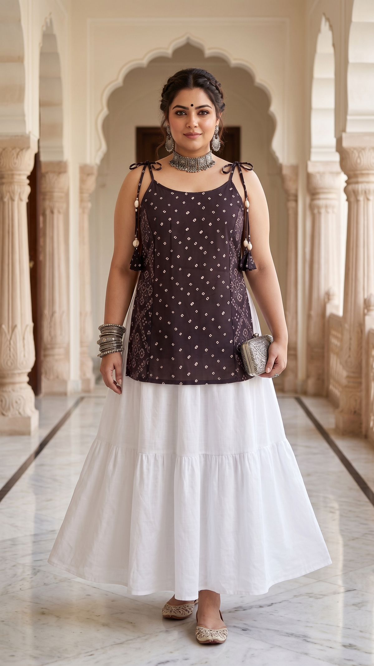 Plus Size 100% Cotton Printed Tunic Top – Black Tie-Strap Tunic