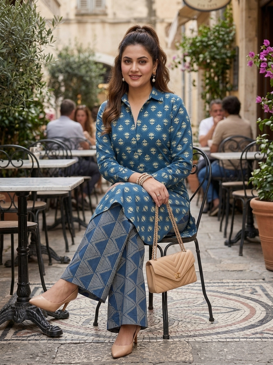 Plus Size Blue Printed Cotton Co-Ord Set for Women | Printed Shirt & Wide Leg Pants