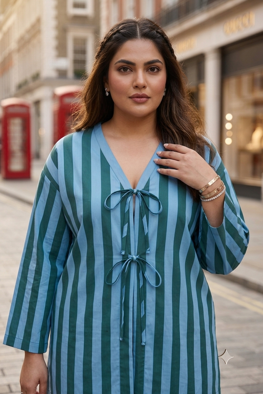 Plus Size Cotton Striped Co-ord Set – Blue & Green Tie-Front Top with Wide-Leg Pants