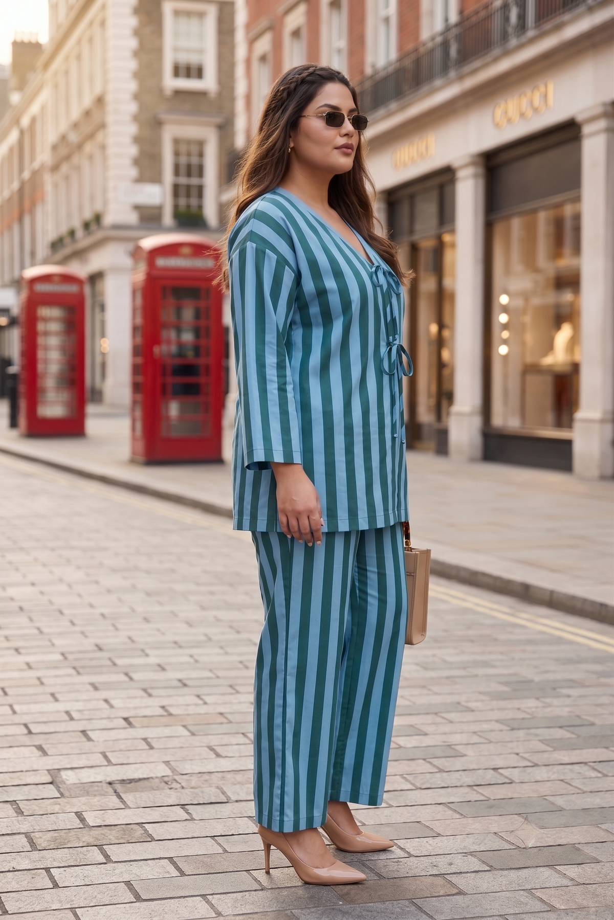 Plus Size Cotton Striped Co-ord Set – Blue & Green Tie-Front Top with Wide-Leg Pants