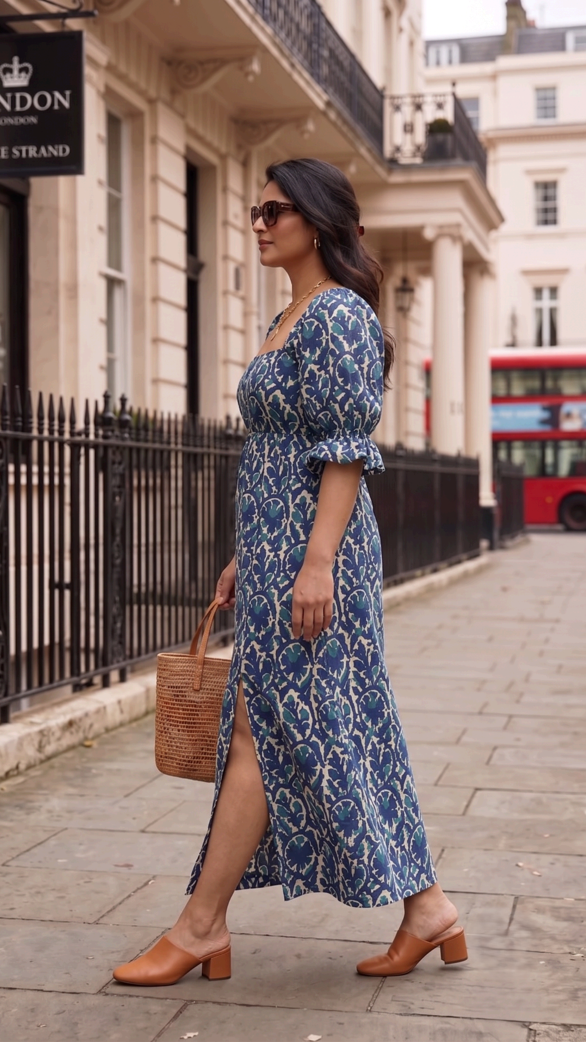 Plus Size Blue Floral Printed Cotton Maxi Dress for Women | Square Neck Puff Sleeve Dress