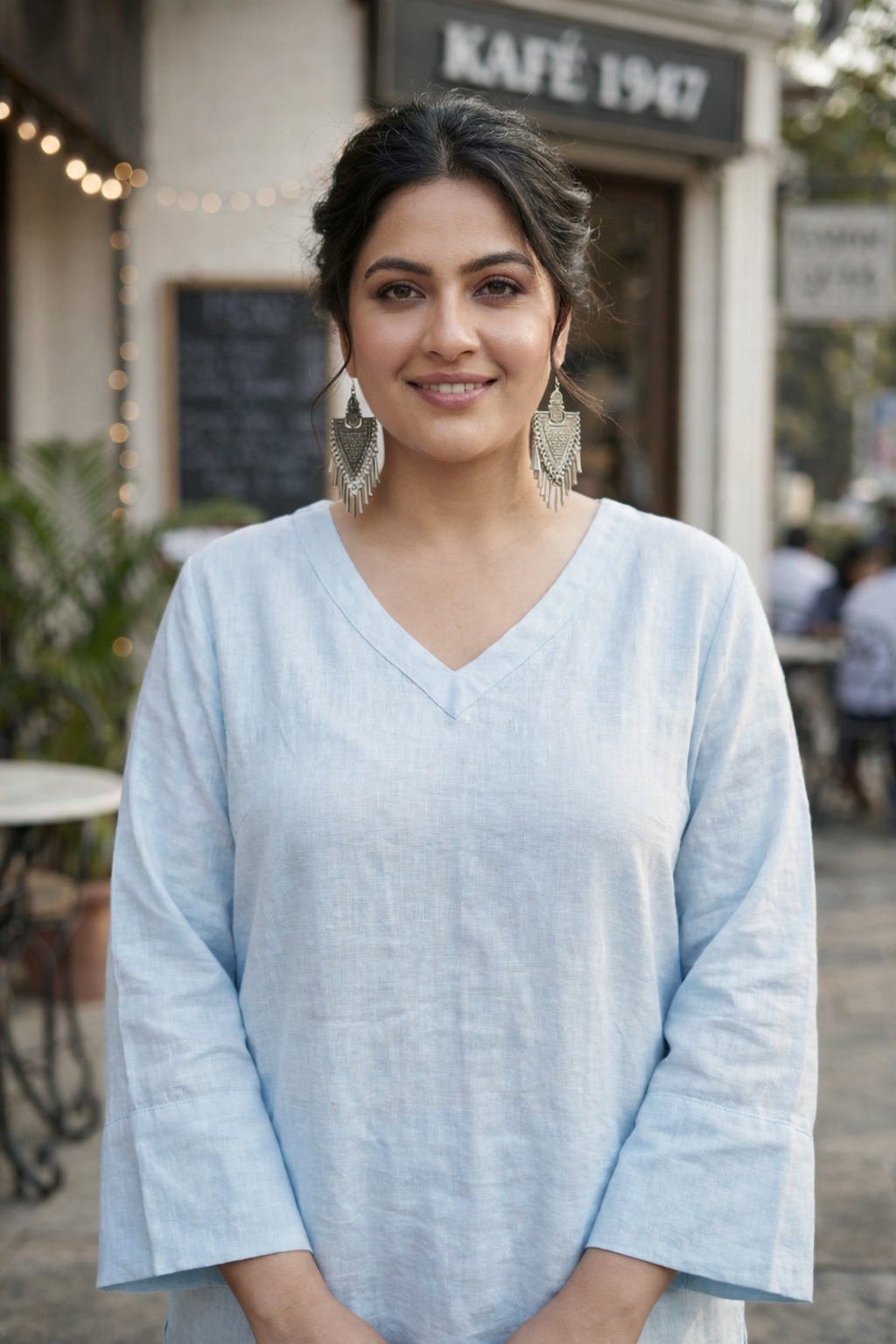 Regular Sky Blue Linen V Neck Short Top (Only top)