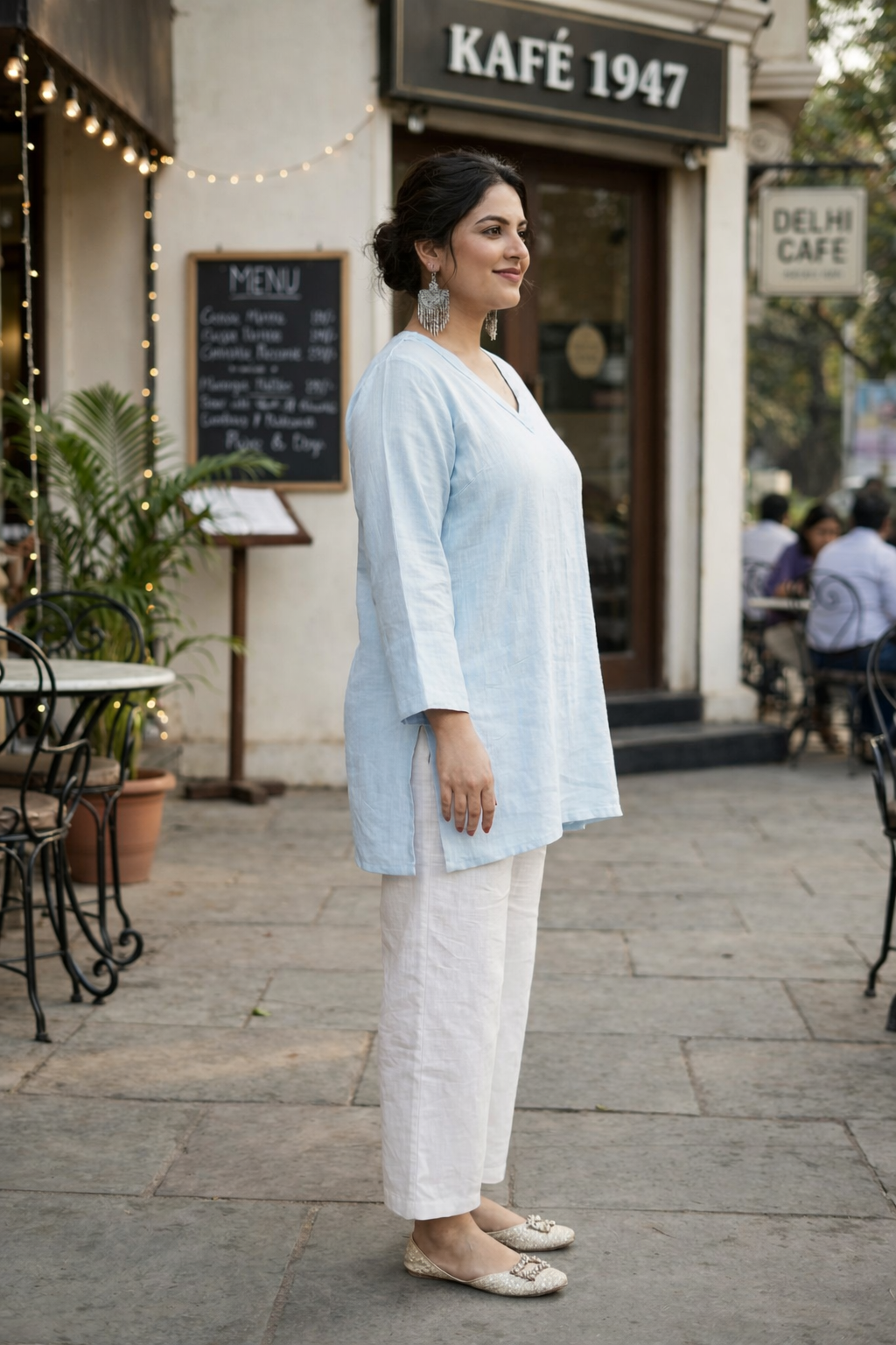 Sky Blue Linen V Neck Short Top (Only top)
