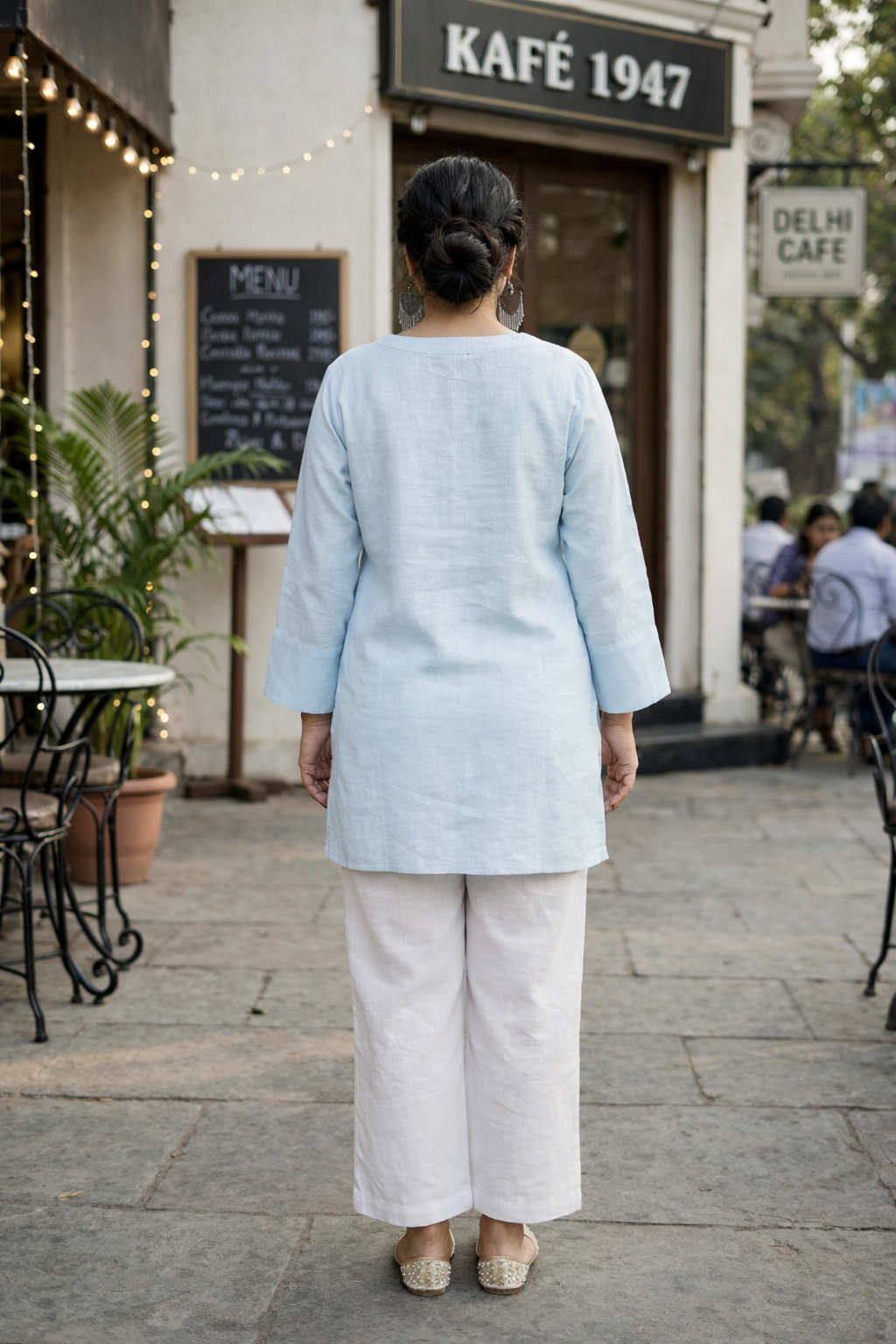 Regular Sky Blue Linen V Neck Short Top (Only top)