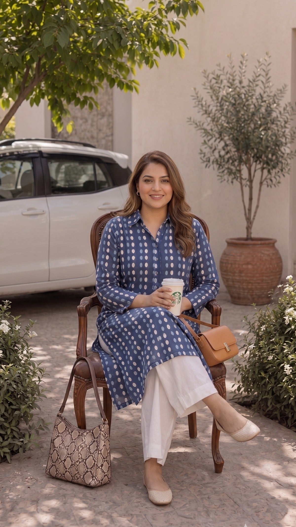 Plus Size Blue Printed Cotton Kurta Set for Women | Straight Kurta with Pants