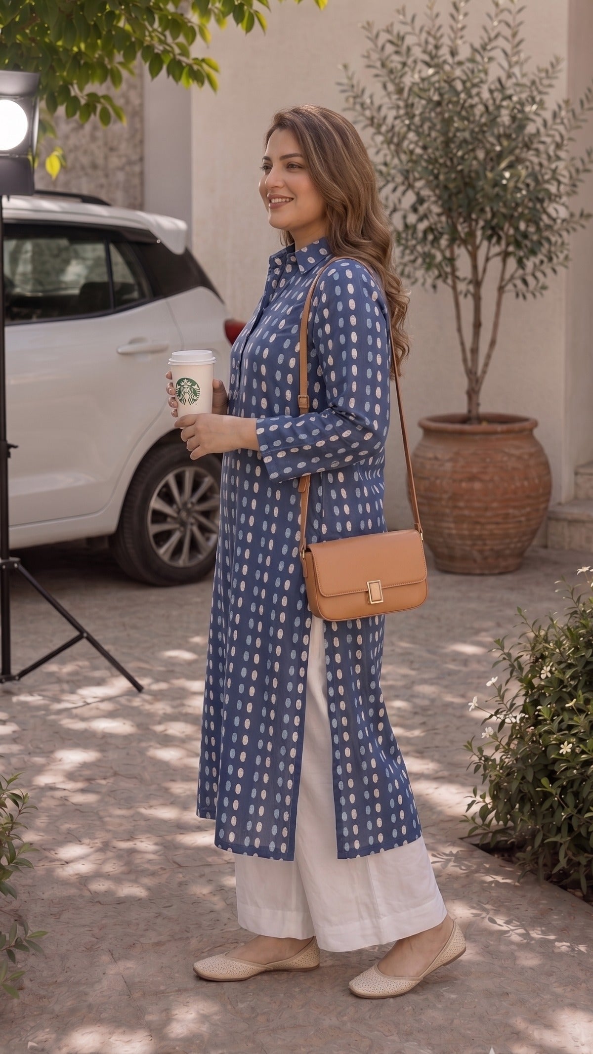 Plus Size Blue Printed Cotton Kurta Set for Women | Straight Kurta with Pants