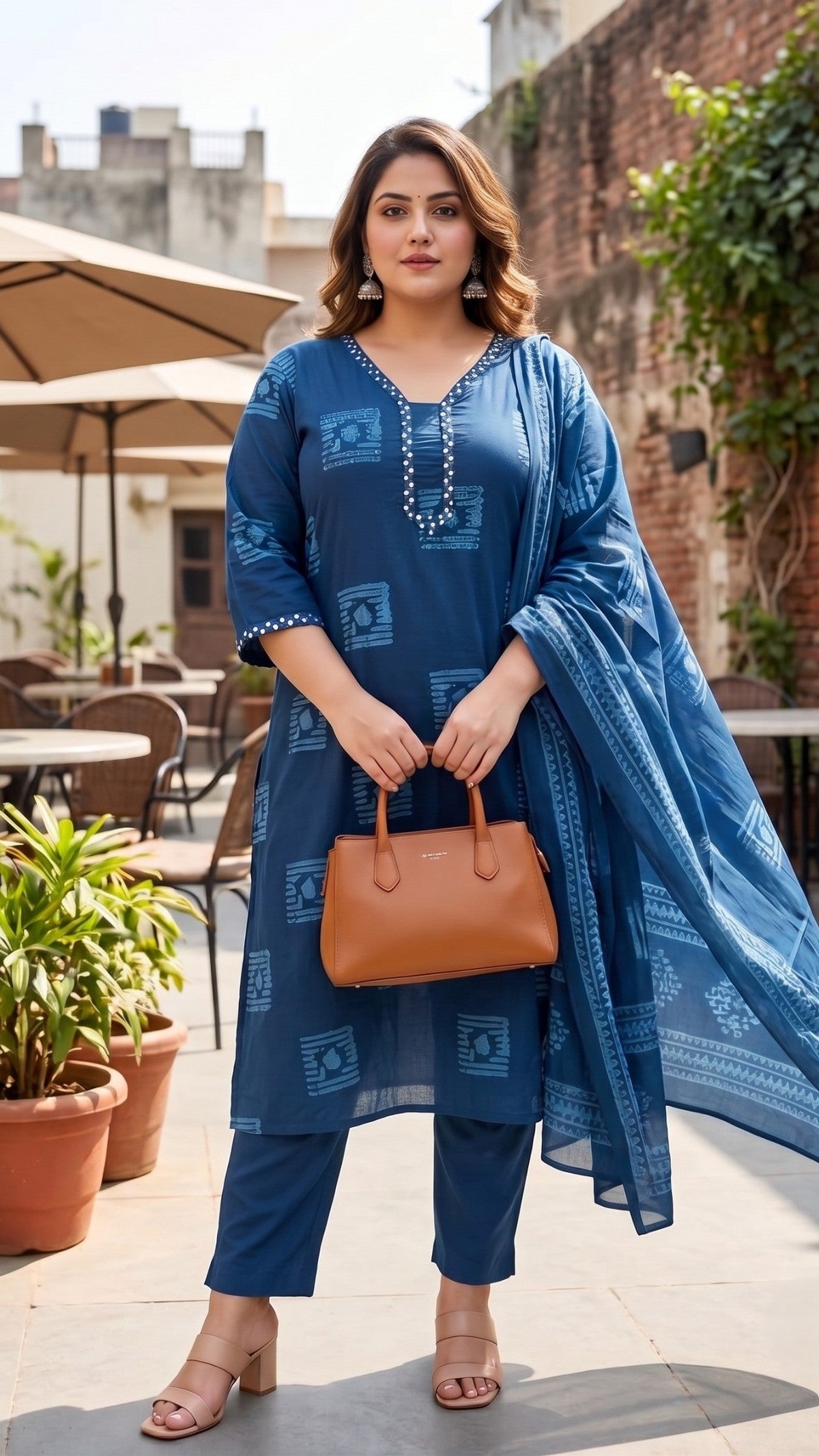 Plus Size Blue Printed Cotton Kurta Set with Dupatta