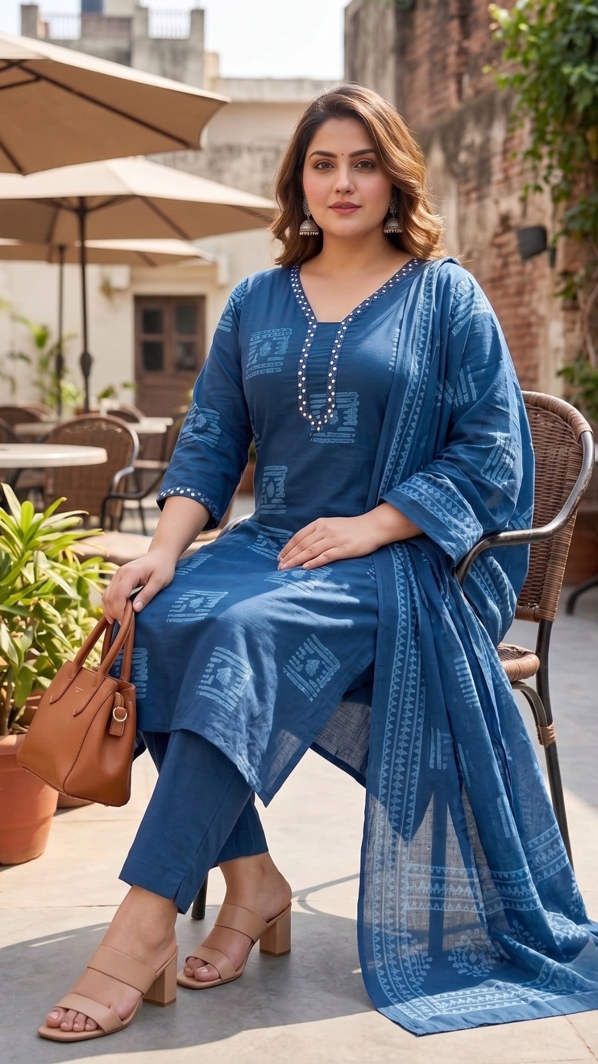 Plus Size Blue Printed Cotton Kurta Set with Dupatta