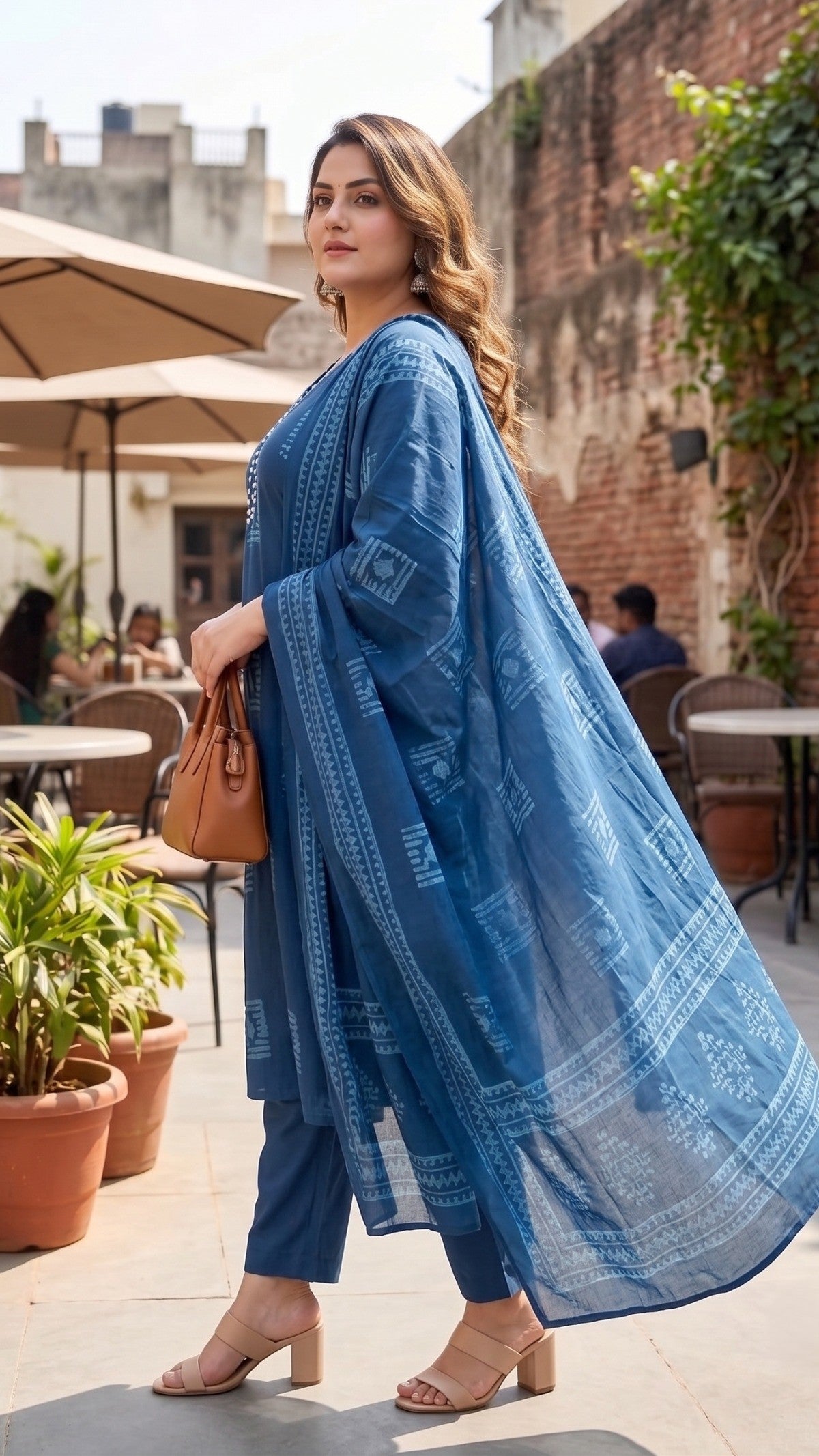 Plus Size Blue Printed Cotton Kurta Set with Dupatta