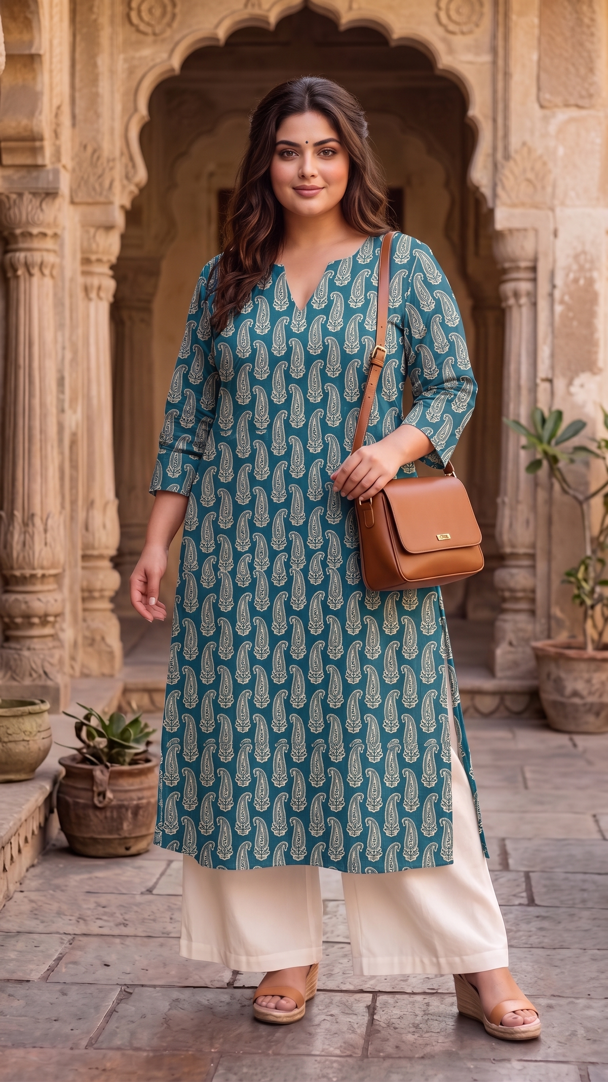 Plus Size Cotton Printed Kurta – Teal Paisley Straight Fit Kurta