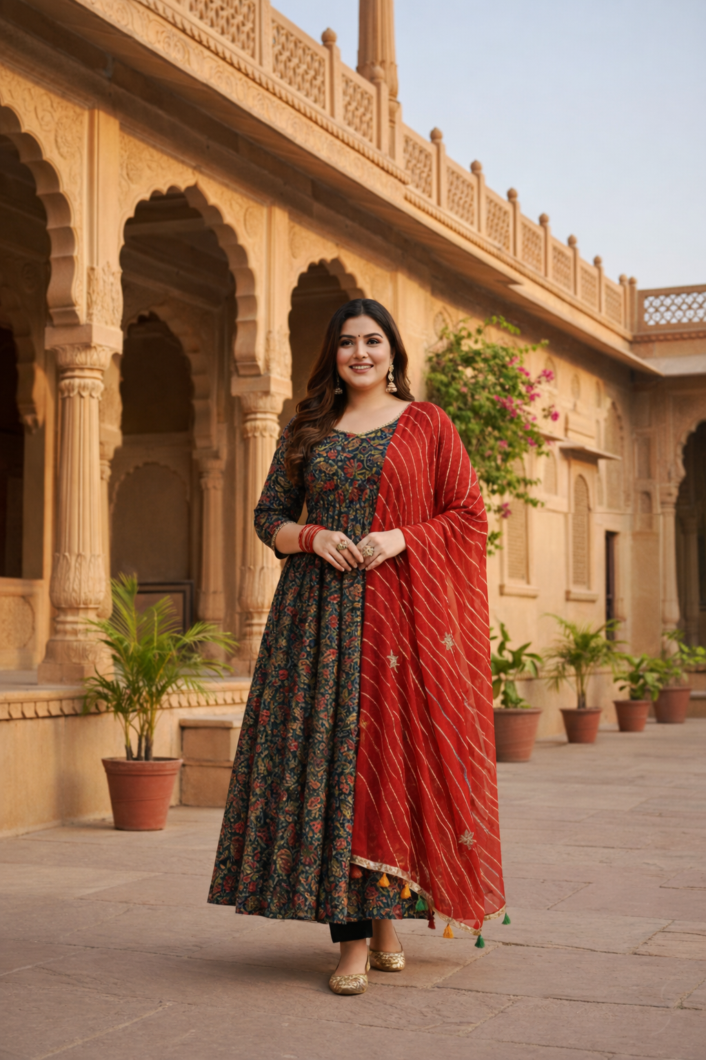 Blue Cotton Floral Print Anarkali Suit Set - ( Set of 3)