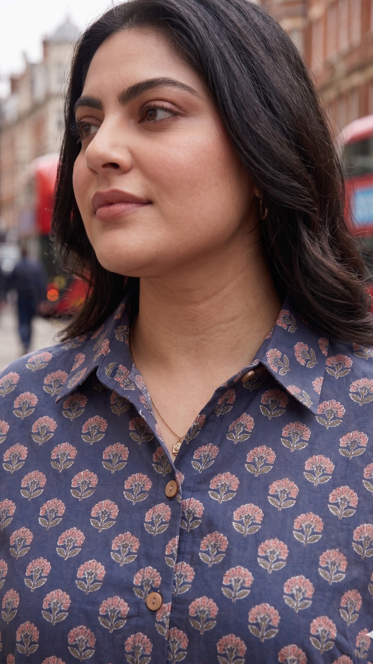 Plus Size Navy Blue Printed Cotton Shirt for Women | Collared Casual Button-Down Shirt