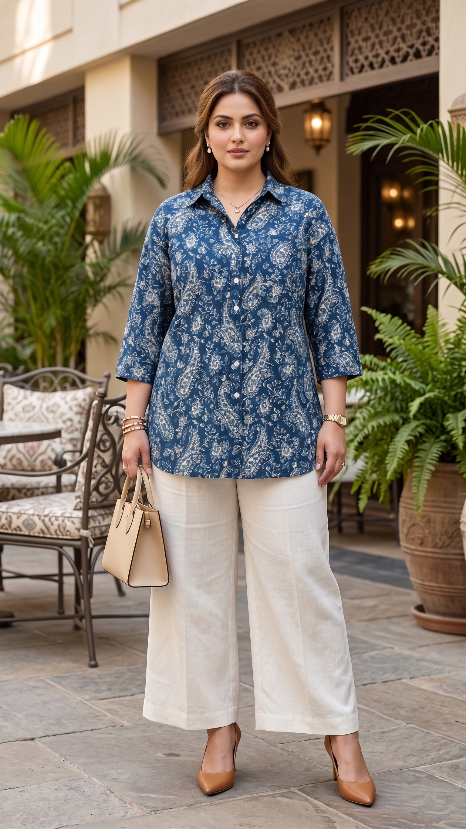 Plus Size Blue Paisley Printed Cotton Shirt for Women | Collared Button-Down Shirt