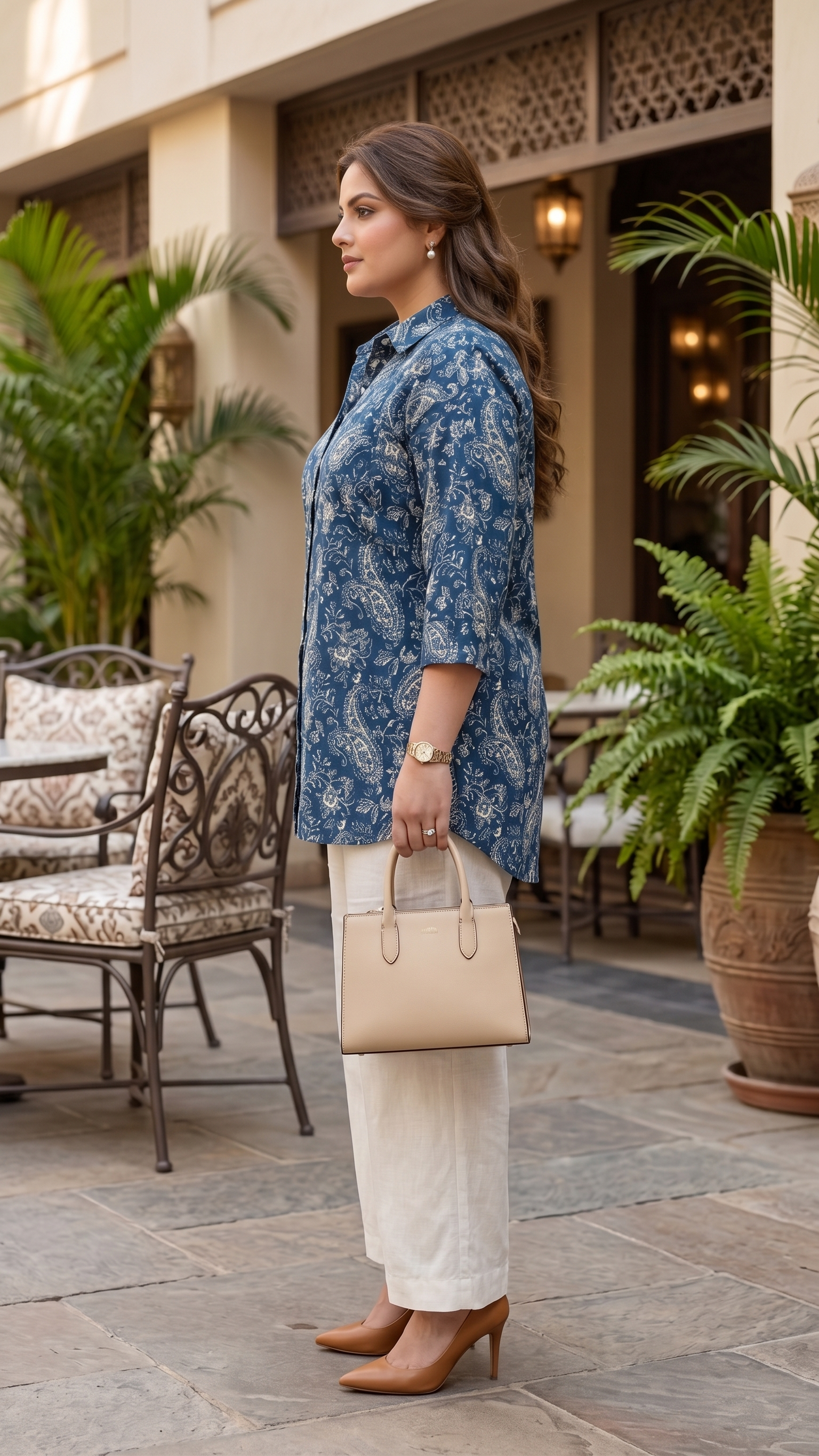 Plus Size Blue Paisley Printed Cotton Shirt for Women | Collared Button-Down Shirt