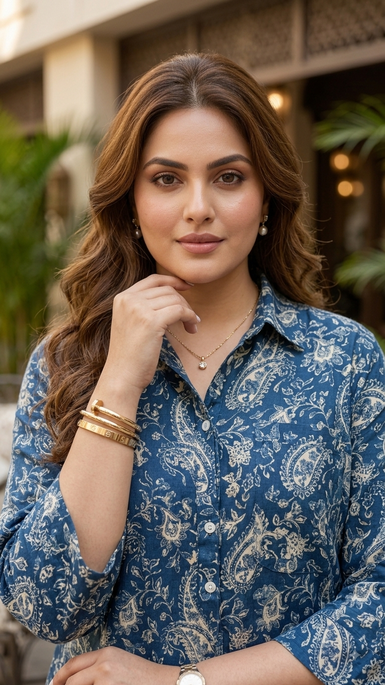 Plus Size Blue Paisley Printed Cotton Shirt for Women | Collared Button-Down Shirt