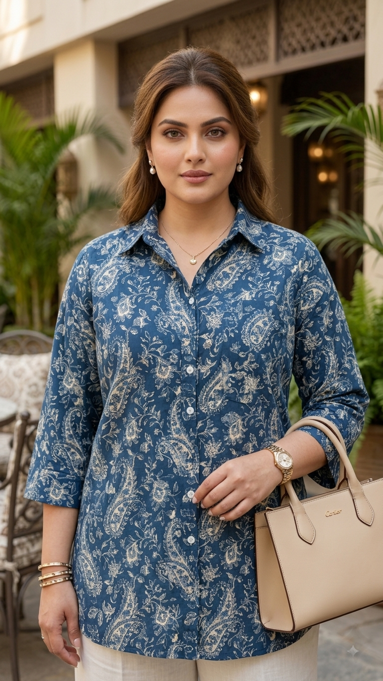 Plus Size Blue Paisley Printed Cotton Shirt for Women | Collared Button-Down Shirt