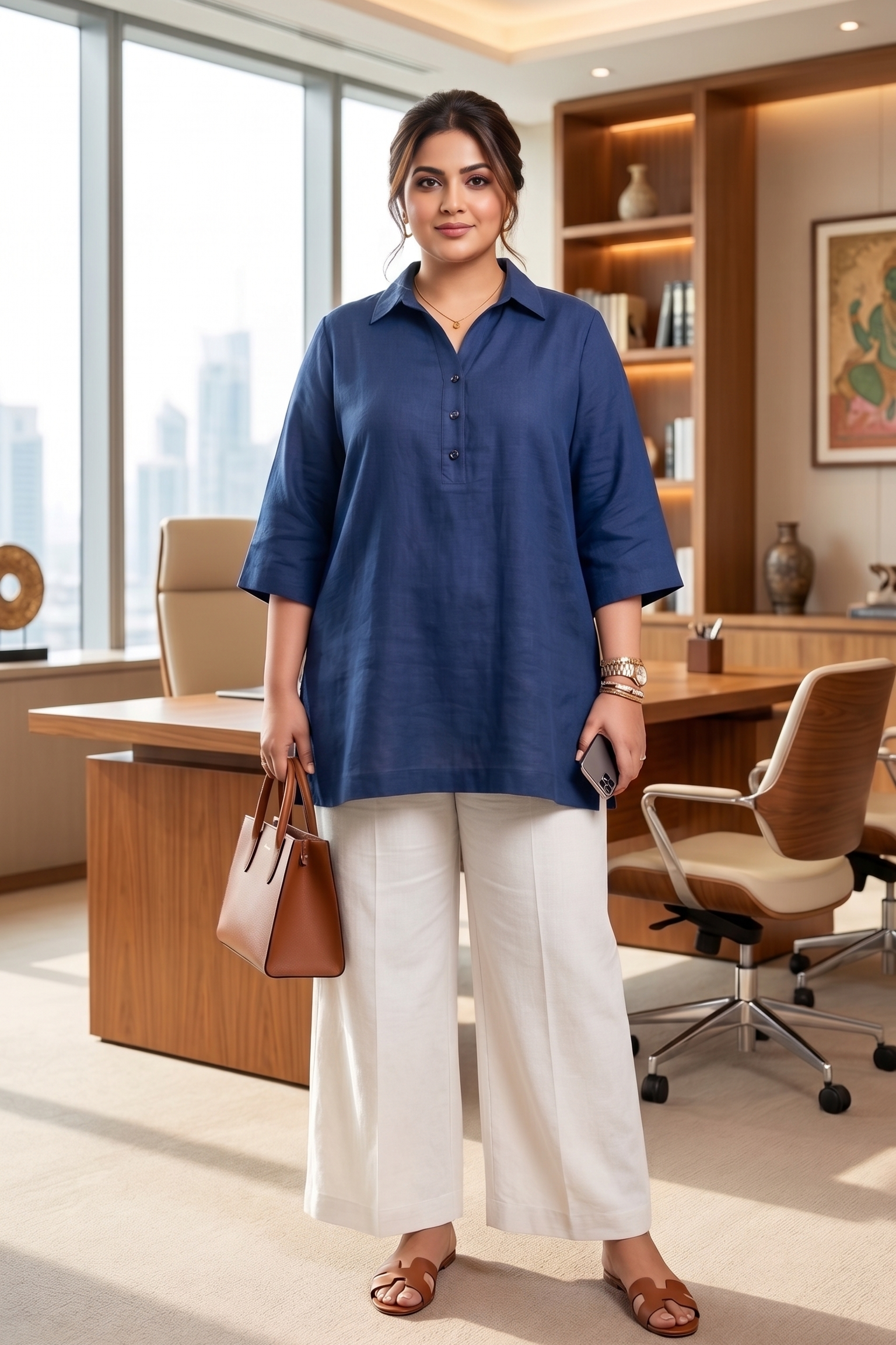 Plus Size Navy Blue Cotton Top for Women | Collared Relaxed Fit Casual Top