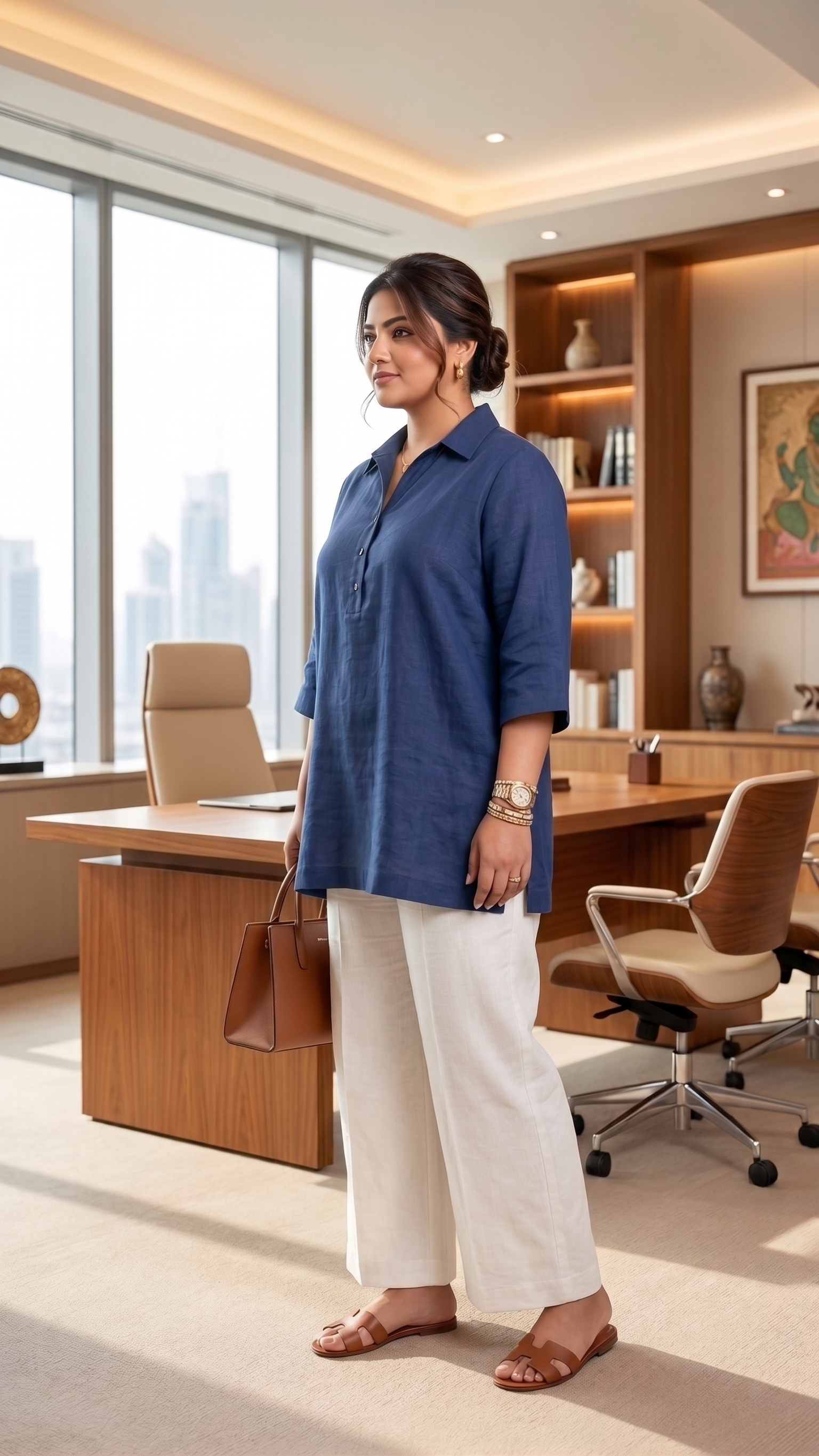 Plus Size Navy Blue Cotton Top for Women | Collared Relaxed Fit Casual Top