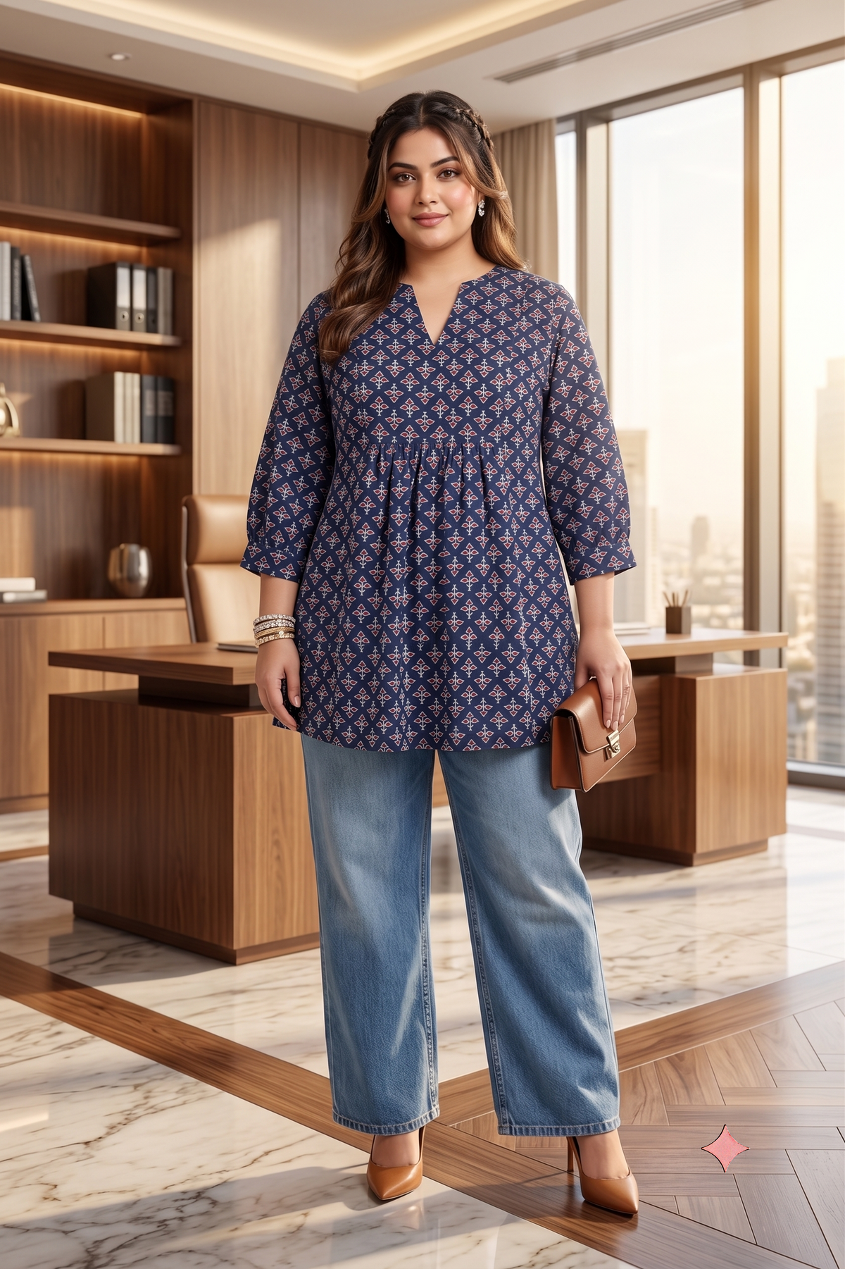 Plus Size Cotton Printed Top Tunic – Navy Blue Flared Fit