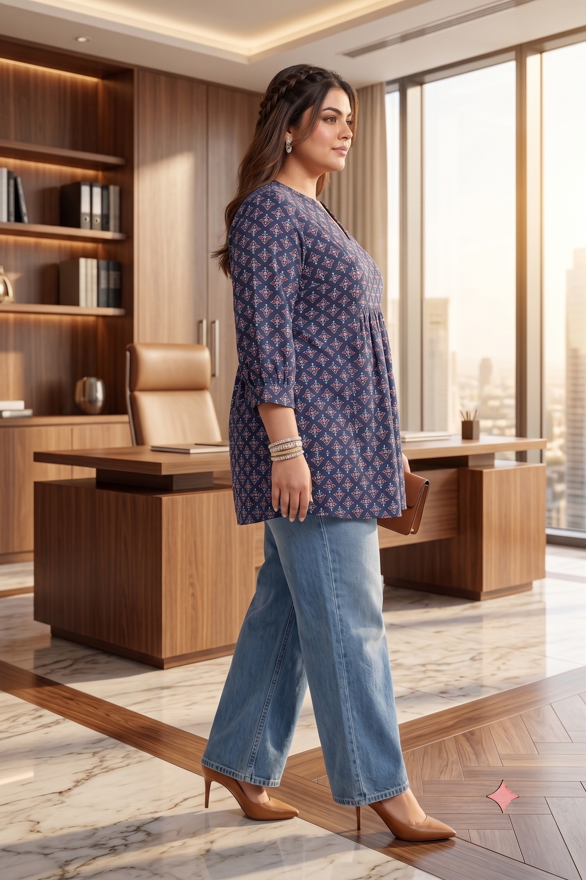 Plus Size Cotton Printed Top Tunic – Navy Blue Flared Fit